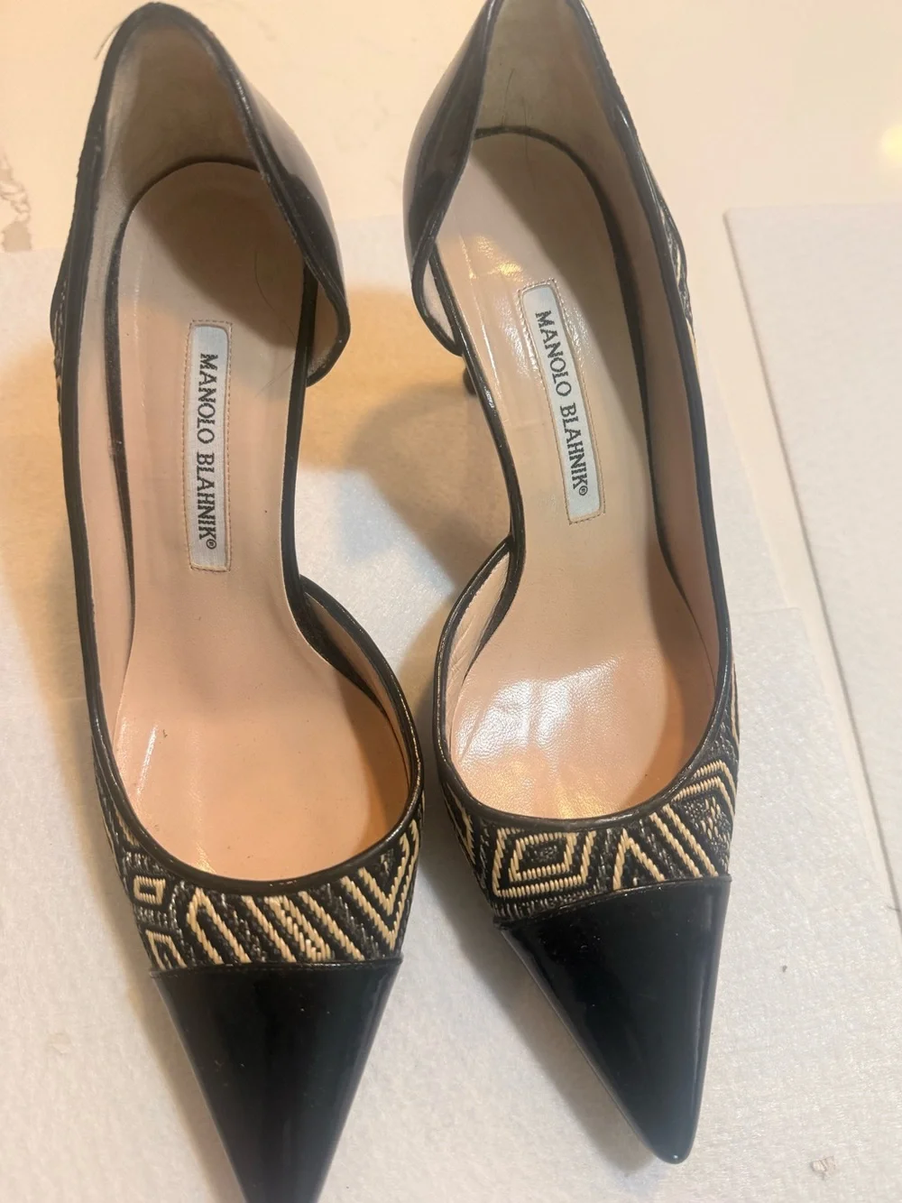 Manolo Blahnik Black and Gold Pointed Toe D'Orsay Pumps